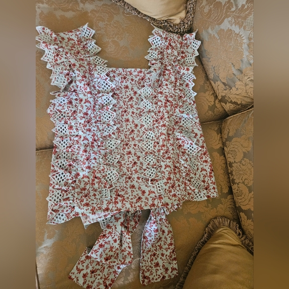 NWOT Anthropologie Blue Tassel Trina floral dark red/ mint embroidered top - Picture 2 of 14